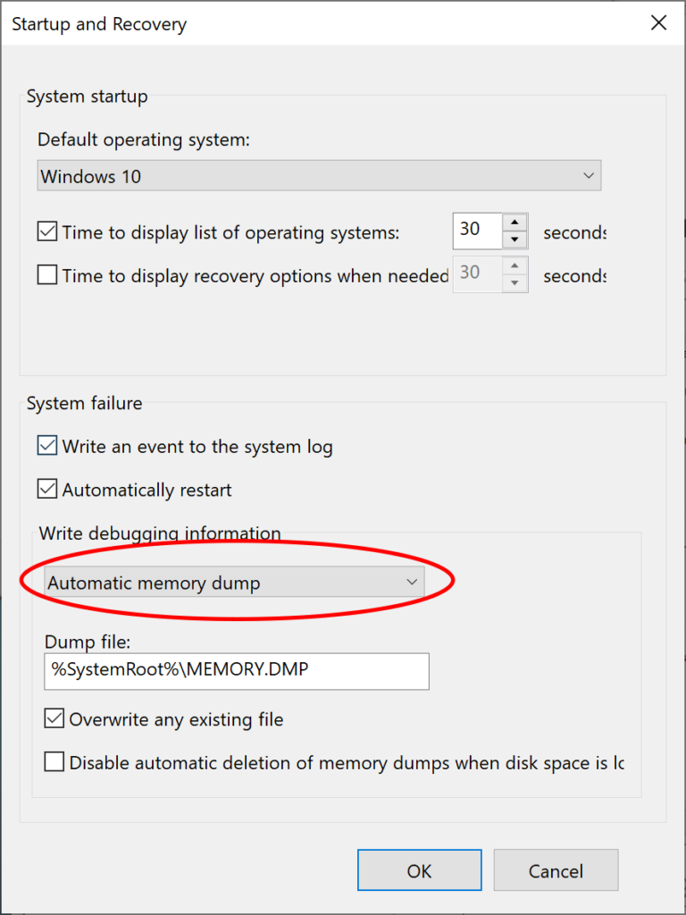 Initial Startup and Recovery dialog, with Write debugging information: Automatic Memory Dump circled